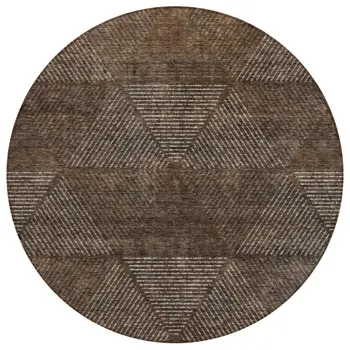 8' Brown And Taupe Round Geometric Washable Indoor Outdoor Area Rug