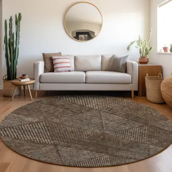 8' Brown And Taupe Round Geometric Washable Indoor Outdoor Area Rug