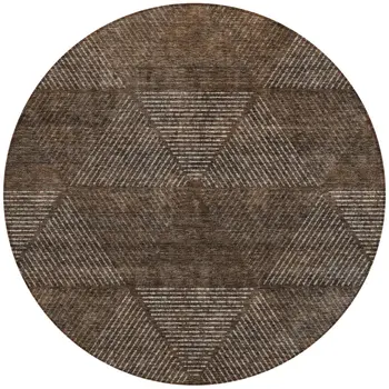 8' Brown And Taupe Round Geometric Washable Indoor Outdoor Area Rug