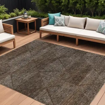 8' X 10' Brown And Taupe Geometric Washable Indoor Outdoor Area Rug