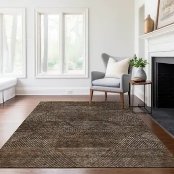 9' X 12' Brown And Taupe Geometric Washable Indoor Outdoor Area Rug