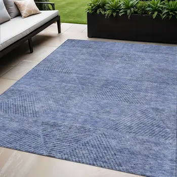 5' X 8' Denim Blue And Sky Blue Geometric Washable Indoor Outdoor Area Rug