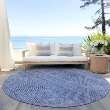8' Denim Blue And Sky Blue Round Geometric Washable Indoor Outdoor Area Rug