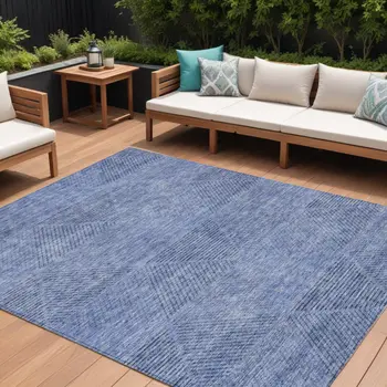 8' X 10' Denim Blue And Sky Blue Geometric Washable Indoor Outdoor Area Rug