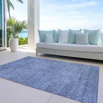 8' X 10' Denim Blue And Sky Blue Geometric Washable Indoor Outdoor Area Rug