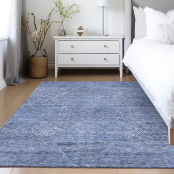 8' X 10' Denim Blue And Sky Blue Geometric Washable Indoor Outdoor Area Rug
