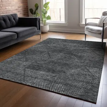 5' X 8' Charcoal Gray And Silver Geometric Washable Indoor Outdoor Area Rug