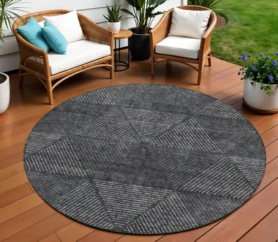 8' Charcoal Gray And Silver Round Geometric Washable Indoor Outdoor Area Rug