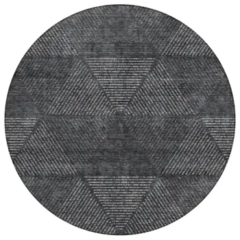 8' Charcoal Gray And Silver Round Geometric Washable Indoor Outdoor Area Rug