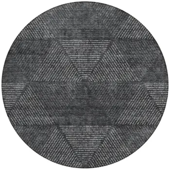 8' Charcoal Gray And Silver Round Geometric Washable Indoor Outdoor Area Rug