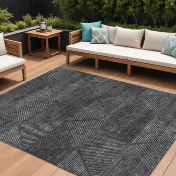 8' X 10' Charcoal Gray And Silver Geometric Washable Indoor Outdoor Area Rug