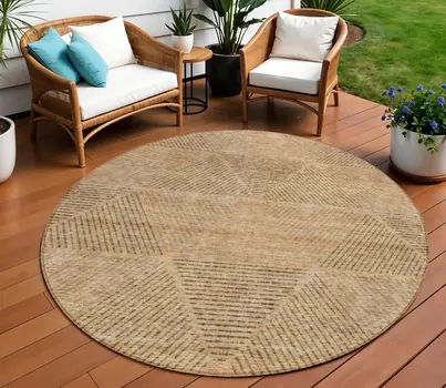 8' Copper Brown And Terra Cotta Round Geometric Washable Indoor Outdoor Area Rug