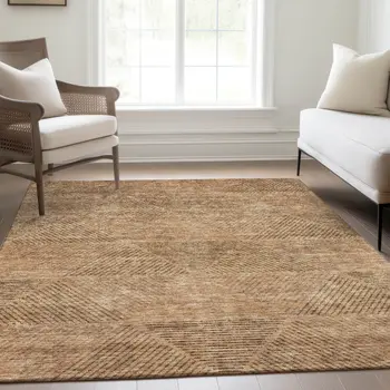 9' X 12' Copper Brown And Terra Cotta Geometric Washable Indoor Outdoor Area Rug