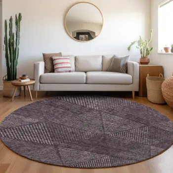 8' Eggplant Purple And Gray Round Geometric Washable Indoor Outdoor Area Rug