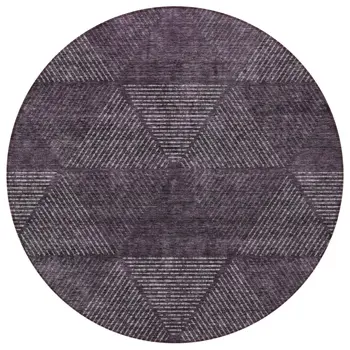 8' Eggplant Purple And Gray Round Geometric Washable Indoor Outdoor Area Rug