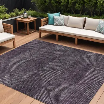 9' X 12' Eggplant Purple And Gray Geometric Washable Indoor Outdoor Area Rug