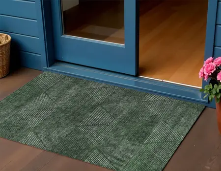 3' X 5' Fern Green And Emerald Geometric Washable Indoor Outdoor Area Rug