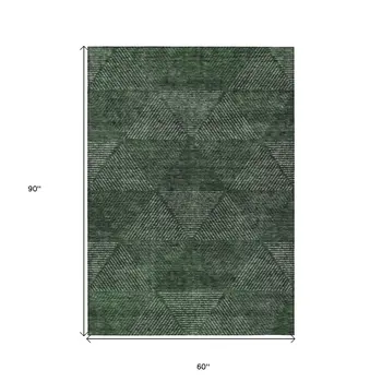 5' X 8' Fern Green And Emerald Geometric Washable Indoor Outdoor Area Rug