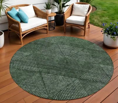 8' Fern Green And Emerald Round Geometric Washable Indoor Outdoor Area Rug