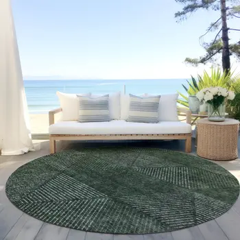 8' Fern Green And Emerald Round Geometric Washable Indoor Outdoor Area Rug