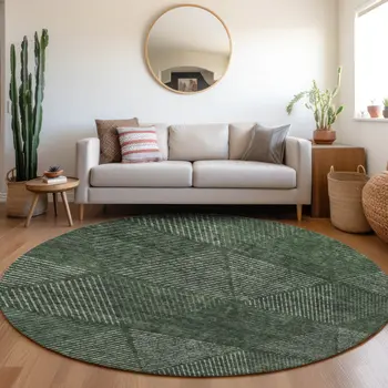 8' Fern Green And Emerald Round Geometric Washable Indoor Outdoor Area Rug