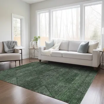 8' X 10' Fern Green And Emerald Geometric Washable Indoor Outdoor Area Rug