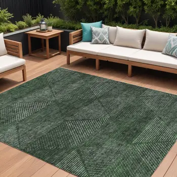 9' X 12' Fern Green And Emerald Geometric Washable Indoor Outdoor Area Rug