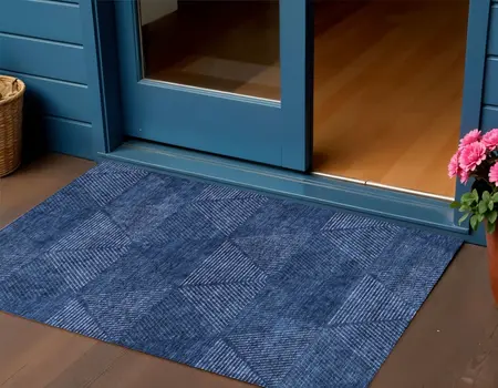 3' X 5' Navy Blue And Sky Blue Geometric Washable Indoor Outdoor Area Rug