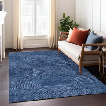 3' X 5' Navy Blue And Sky Blue Geometric Washable Indoor Outdoor Area Rug