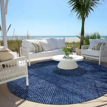 8' Navy Blue And Sky Blue Round Geometric Washable Indoor Outdoor Area Rug