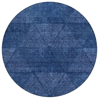 8' Navy Blue And Sky Blue Round Geometric Washable Indoor Outdoor Area Rug