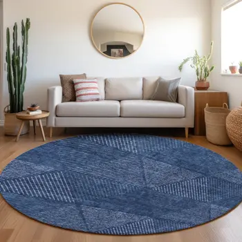 8' Navy Blue And Sky Blue Round Geometric Washable Indoor Outdoor Area Rug