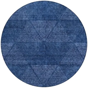 8' Navy Blue And Sky Blue Round Geometric Washable Indoor Outdoor Area Rug