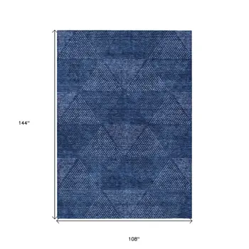 9' X 12' Navy Blue And Sky Blue Geometric Washable Indoor Outdoor Area Rug