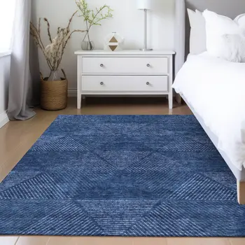 10' X 14' Navy Blue And Sky Blue Geometric Washable Indoor Outdoor Area Rug