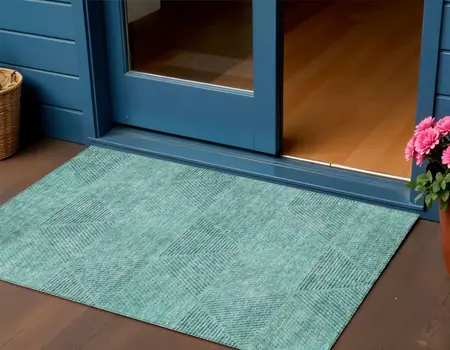 3' X 5' Teal Blue And Aqua Geometric Washable Indoor Outdoor Area Rug
