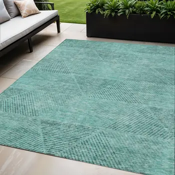 5' X 8' Teal Blue And Aqua Geometric Washable Indoor Outdoor Area Rug