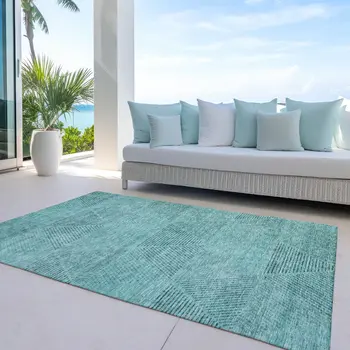 5' X 8' Teal Blue And Aqua Geometric Washable Indoor Outdoor Area Rug