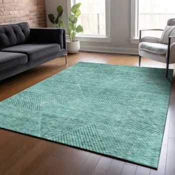 5' X 8' Teal Blue And Aqua Geometric Washable Indoor Outdoor Area Rug