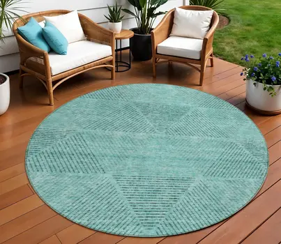 8' Teal Blue And Aqua Round Geometric Washable Indoor Outdoor Area Rug