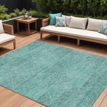 10' X 14' Teal Blue And Aqua Geometric Washable Indoor Outdoor Area Rug