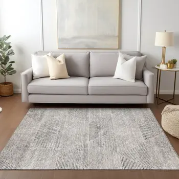 3' X 5' Taupe Brown And Ivory Geometric Washable Indoor Outdoor Area Rug