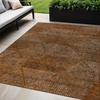 5' X 8' Terra Cotta Copper And Beige Geometric Washable Indoor Outdoor Area Rug