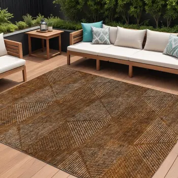 10' X 14' Terra Cotta Copper And Beige Geometric Washable Indoor Outdoor Area Rug