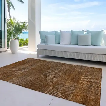 10' X 14' Terra Cotta Copper And Beige Geometric Washable Indoor Outdoor Area Rug