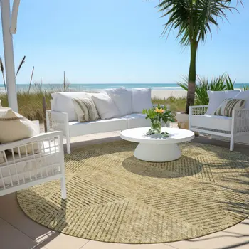8' Wheat And Beige Round Geometric Washable Indoor Outdoor Area Rug