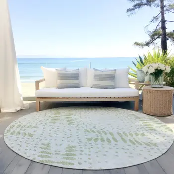 8' Artichoke Green And Fern Green Round Floral Washable Indoor Outdoor Area Rug
