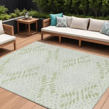9' X 12' Artichoke Green And Fern Green Floral Washable Indoor Outdoor Area Rug
