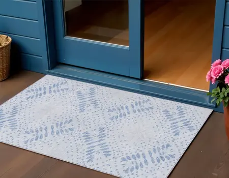 3' X 5' Denim Blue And Sky Blue Floral Washable Indoor Outdoor Area Rug