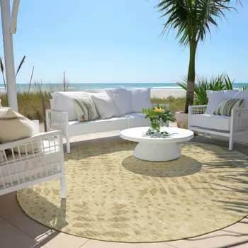 8' Gold Beige And Taupe Round Floral Washable Indoor Outdoor Area Rug